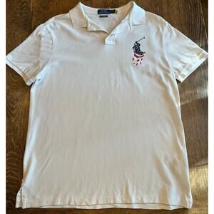 Polo Ralph Lauren Size Large White Collared American Flag Pony Custom Slim Fit